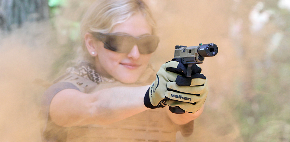 valken hicapa airsoft pistol with tracer unit and threaded barrel used by Bella of Valken Airsoft 